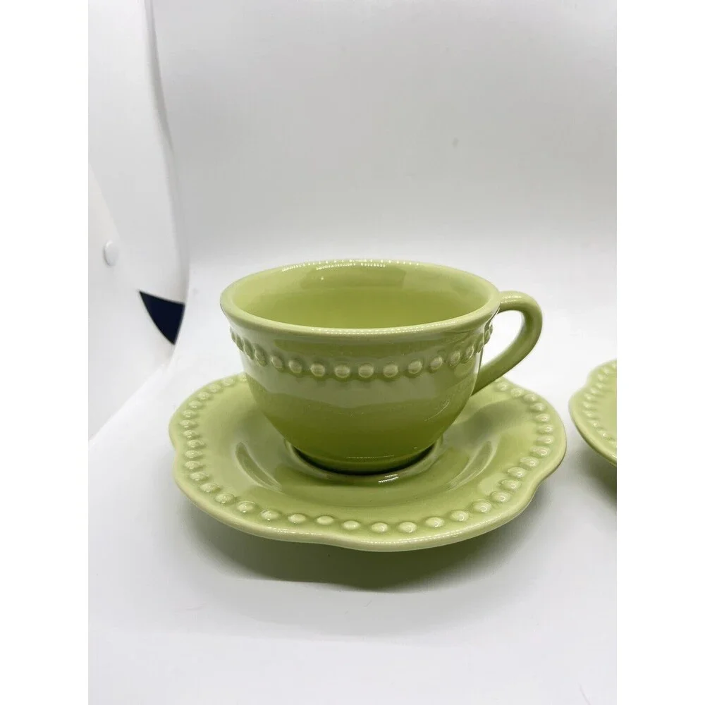 SET OF 2 POTTERY BARN EMMA GREEN BEADED CUP & SAUCER SETS PORTUGAL